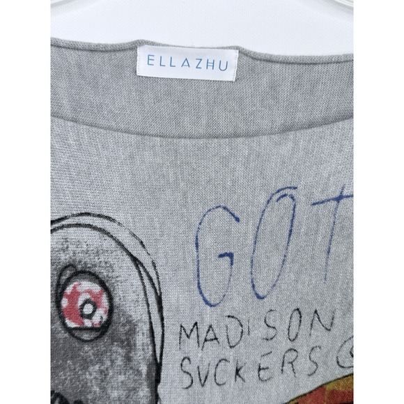 ELLAZHU Basquiat enspired graffiti Print Crew Neck Sweater Top Art To Wear AOP - Picture 7 of 12